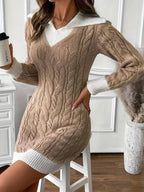 Cable Knit Contrast Trim Sweater Dress.