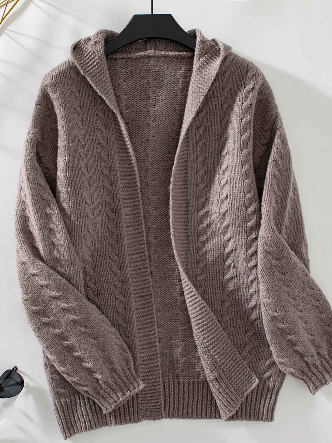 Cable Knit Open Front Hooded Cardigan.