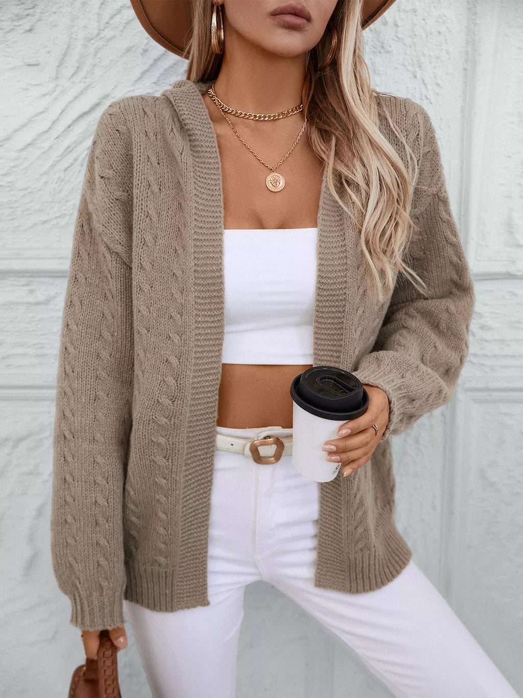 Cable Knit Open Front Hooded Cardigan.