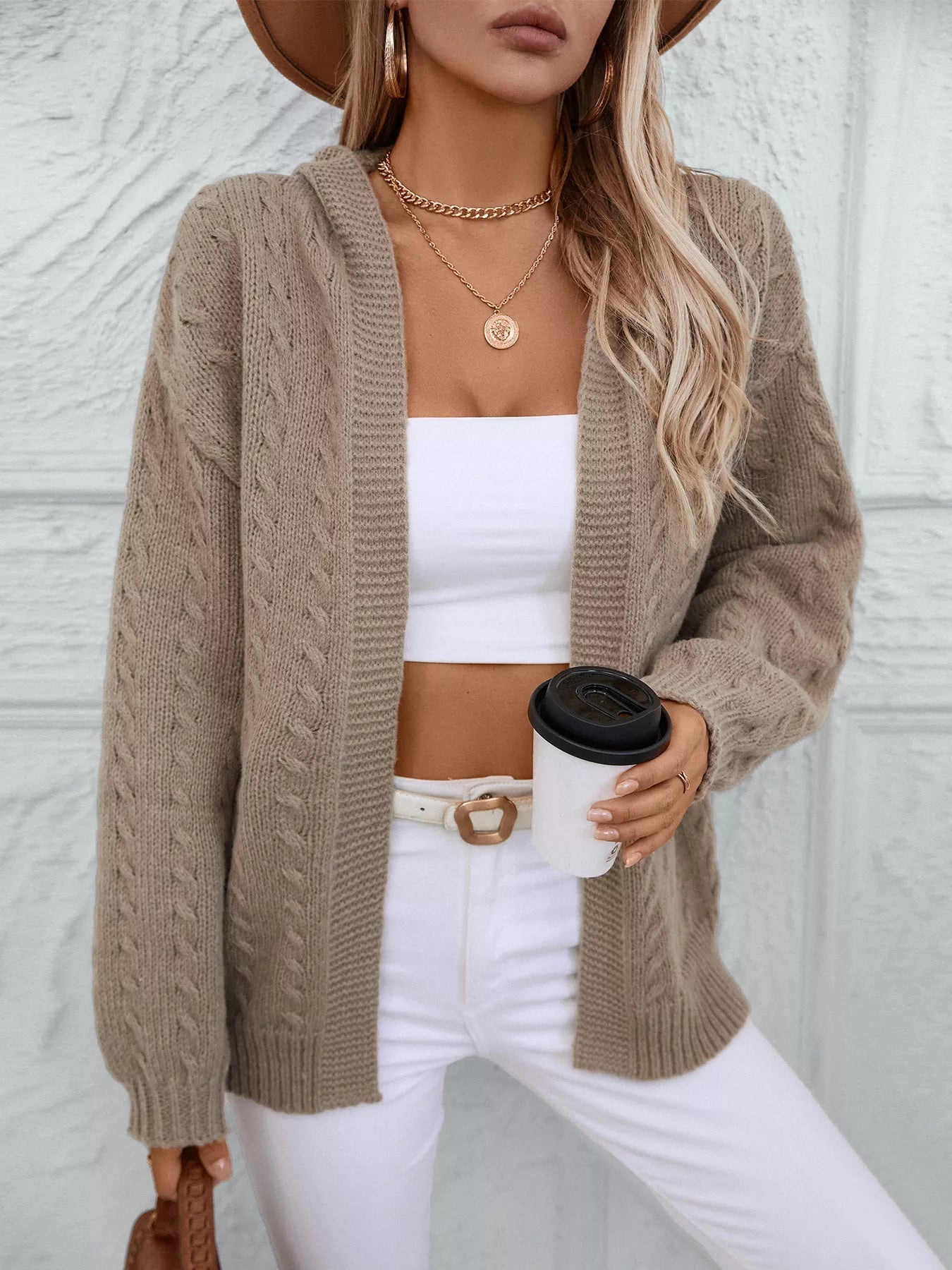 Cable Knit Open Front Hooded Cardigan.