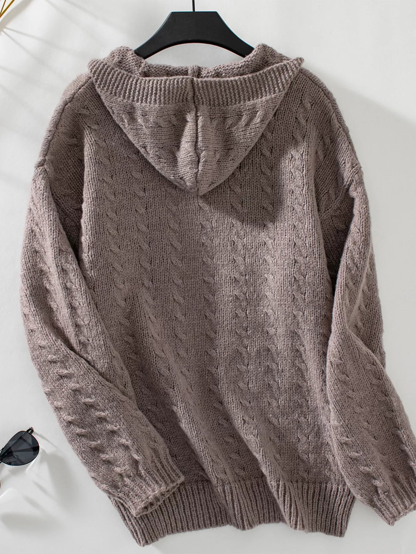 Cable Knit Open Front Hooded Cardigan.