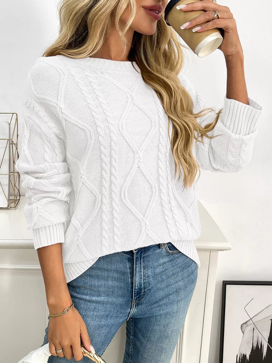 Cable Knit Round Neck Sweater.