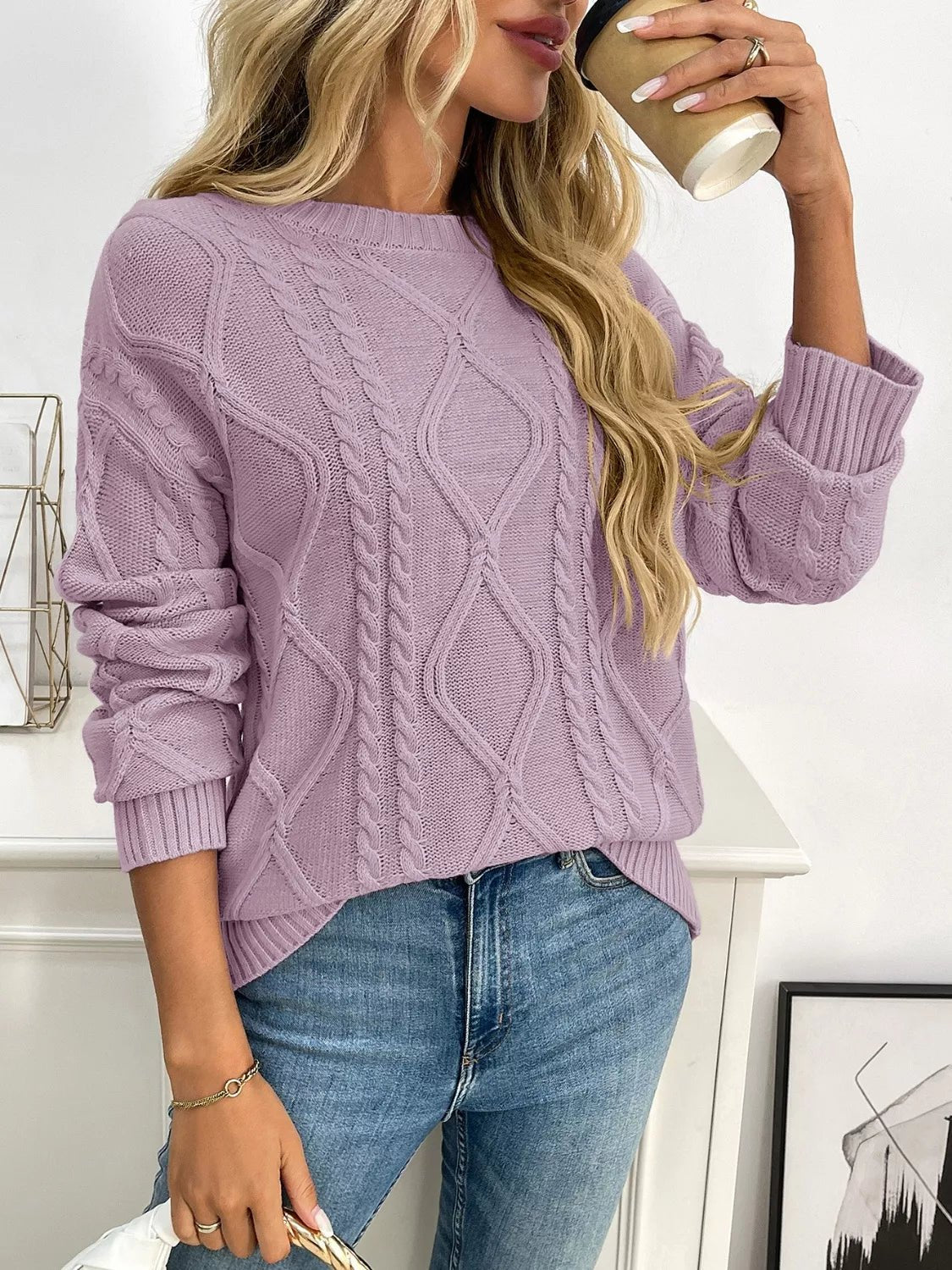 Cable Knit Round Neck Sweater.