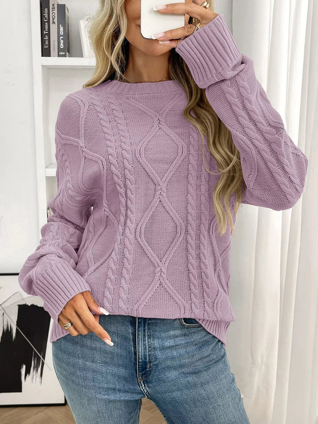Cable Knit Round Neck Sweater.