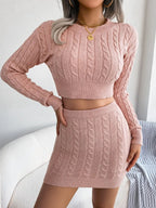 Cable-Knit Round Neck Top and Skirt Sweater Set.