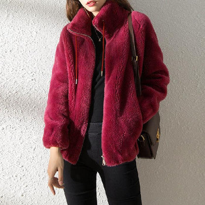 Double Faced Fleece Warm High Neck Sweater Women Cardigan.