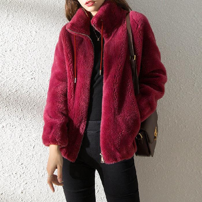 Double Faced Fleece Warm High Neck Sweater Women Cardigan.