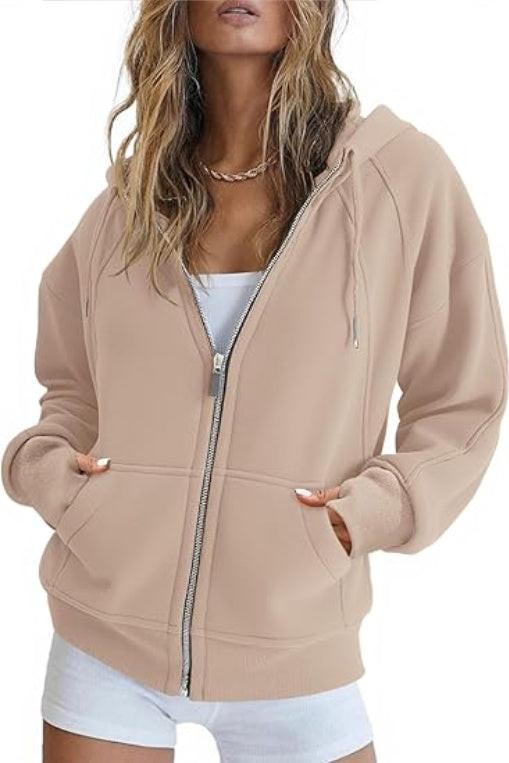 Fisoew Womens Zip Up Sweatshirts Fleece Lined Collar Crop Hoodie Casual Cotton Long Sleeve Tops With Thumb Hole.
