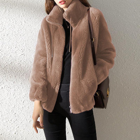 Double Faced Fleece Warm High Neck Sweater Women Cardigan.