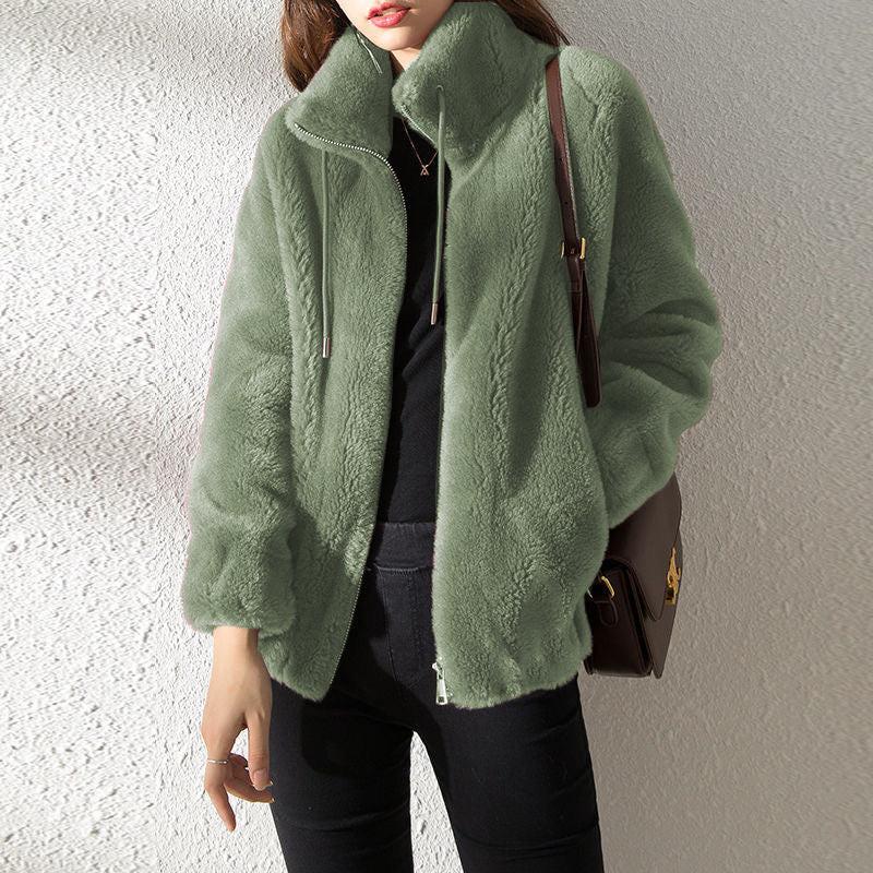 Double Faced Fleece Warm High Neck Sweater Women Cardigan.