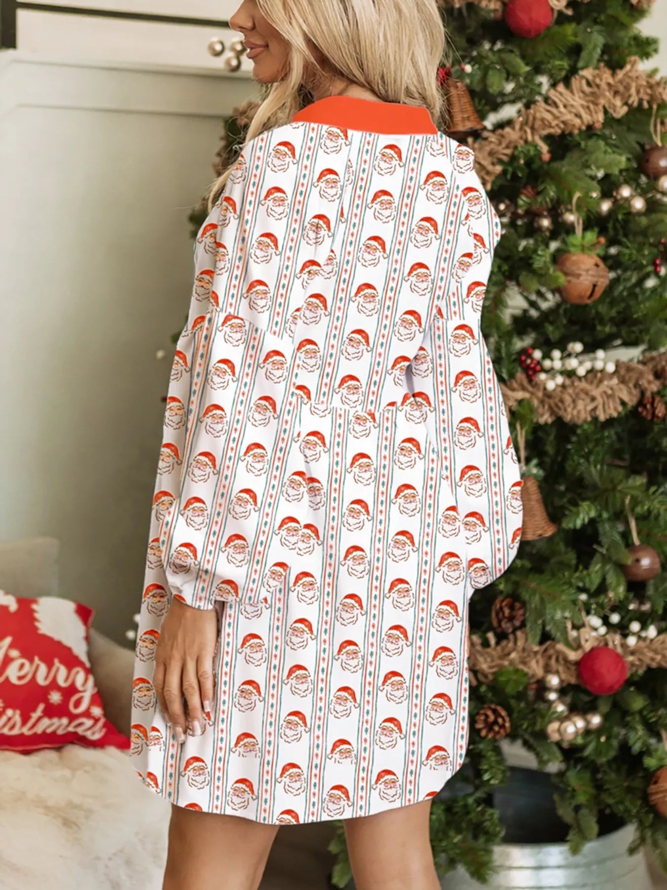 Christmas Santa Print Button Front Mini Dress.