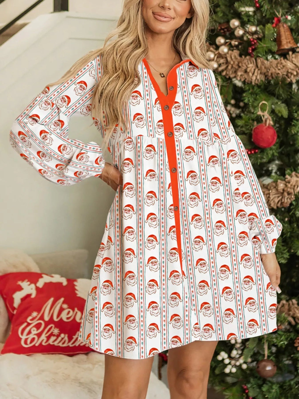 Christmas Santa Print Button Front Mini Dress.