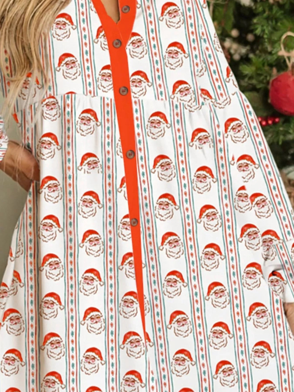 Christmas Santa Print Button Front Mini Dress.