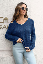 Cold Shoulder V-Neck Cable-Knit Pullover Sweater.