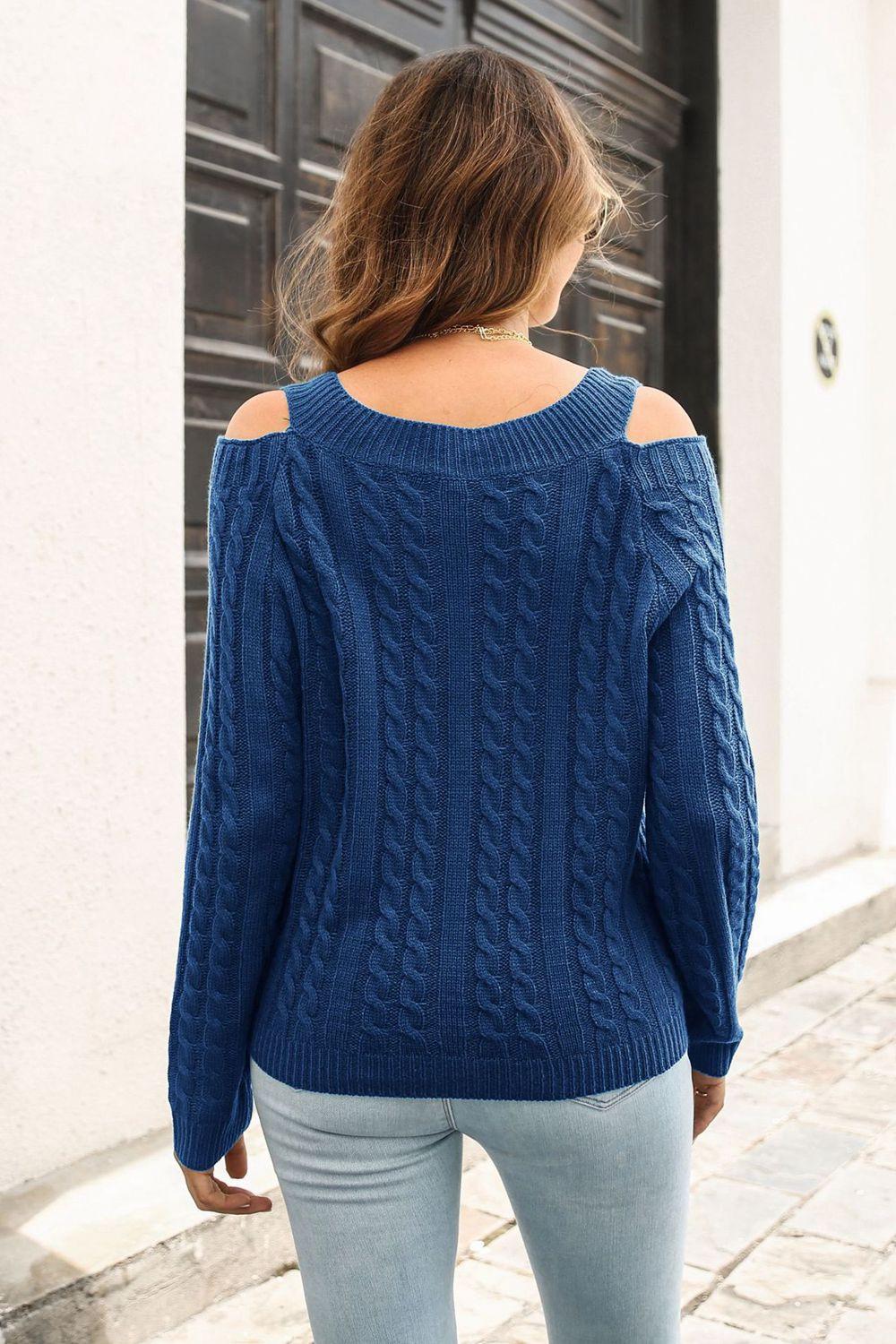 Cold Shoulder V-Neck Cable-Knit Pullover Sweater.