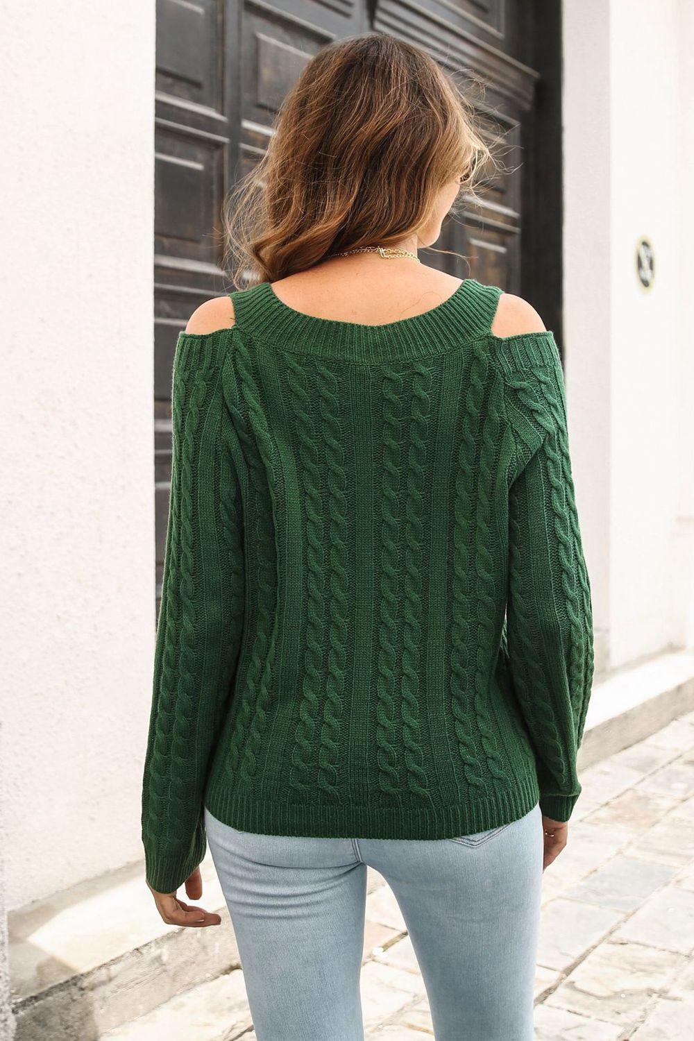 Cold Shoulder V-Neck Cable-Knit Pullover Sweater.