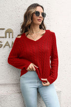 Cold Shoulder V-Neck Cable-Knit Pullover Sweater.