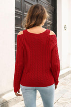 Cold Shoulder V-Neck Cable-Knit Pullover Sweater.
