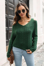 Cold Shoulder V-Neck Cable-Knit Pullover Sweater.