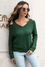 Cold Shoulder V-Neck Cable-Knit Pullover Sweater.