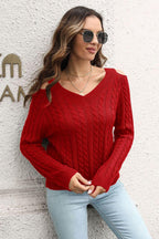 Cold Shoulder V-Neck Cable-Knit Pullover Sweater.