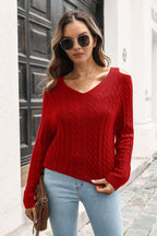 Cold Shoulder V-Neck Cable-Knit Pullover Sweater.
