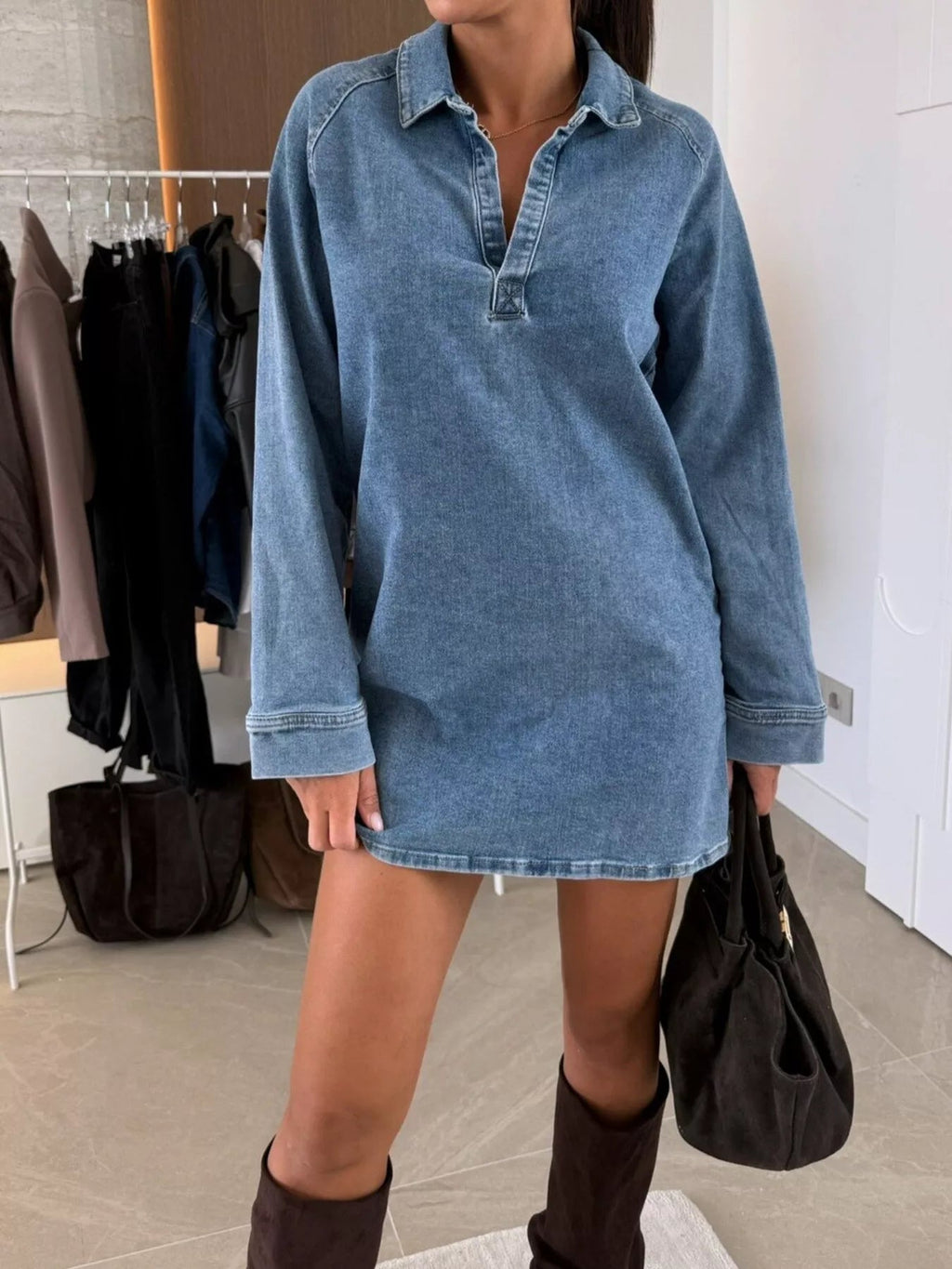 Collared Neck Long Sleeve Denim Dress.