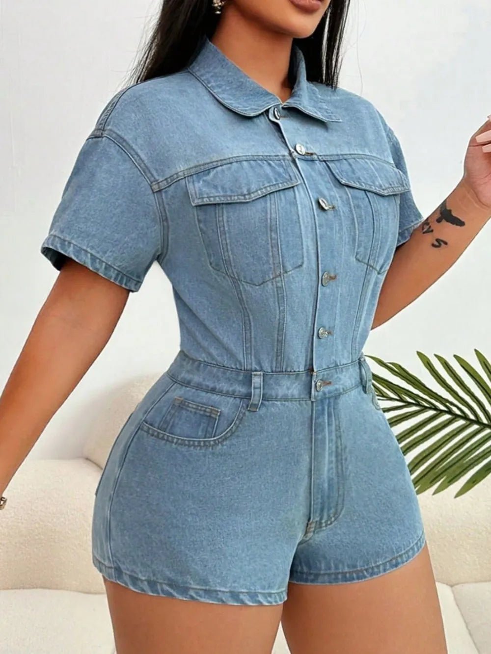 Collared Neck Short Sleeve Denim Romper.