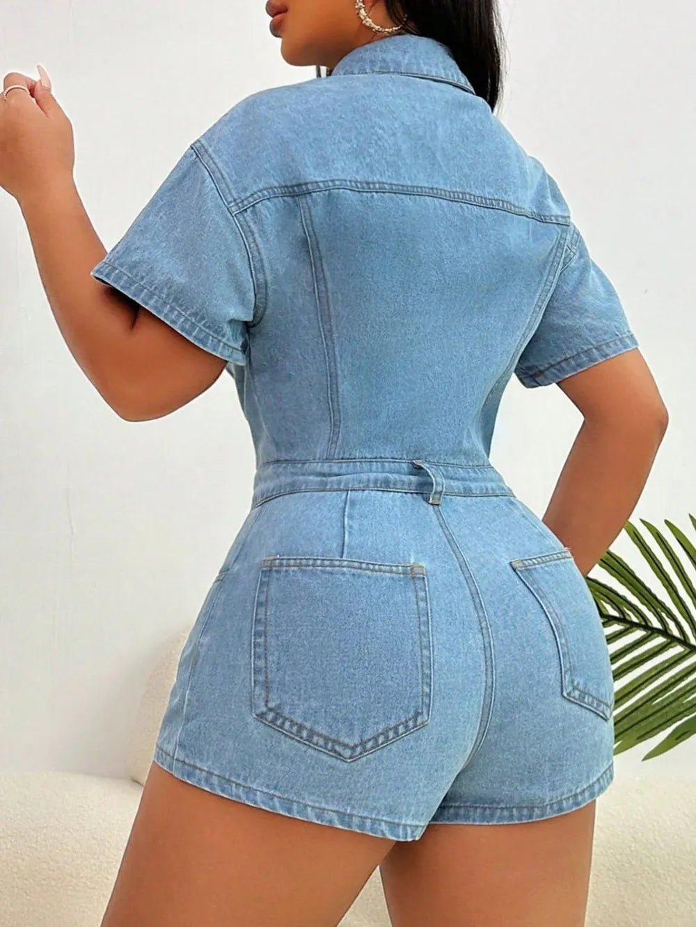 Collared Neck Short Sleeve Denim Romper.