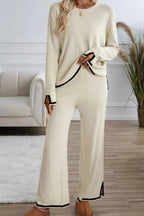 Contrast Trim Round Neck Top and Pants Sweater Set.