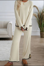 Contrast Trim Round Neck Top and Pants Sweater Set.