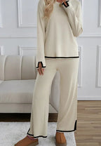 Contrast Trim Round Neck Top and Pants Sweater Set.
