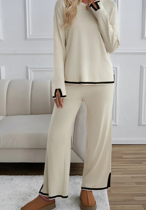 Contrast Trim Round Neck Top and Pants Sweater Set.