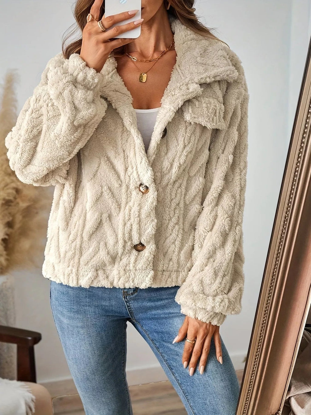 Cozy Textured Fleece Button-Up Outerwear.