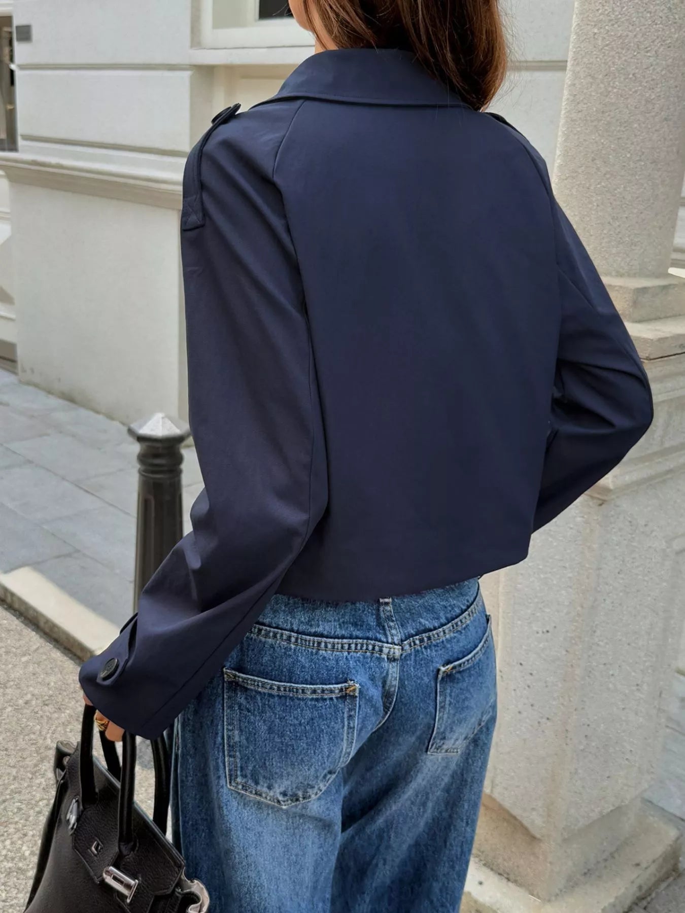 Cropped Double-Breasted Raglan Sleeve Jacket.