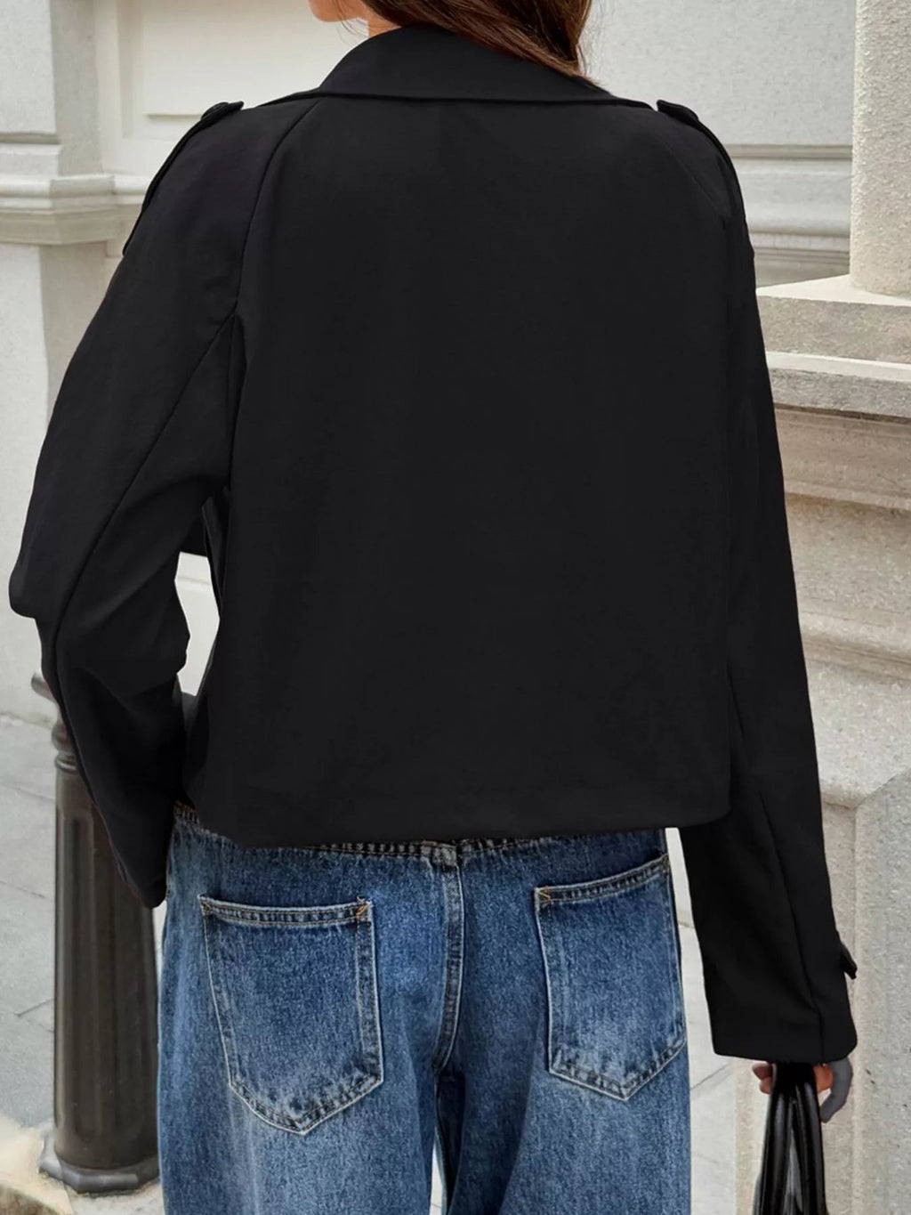 Cropped Double-Breasted Raglan Sleeve Jacket.