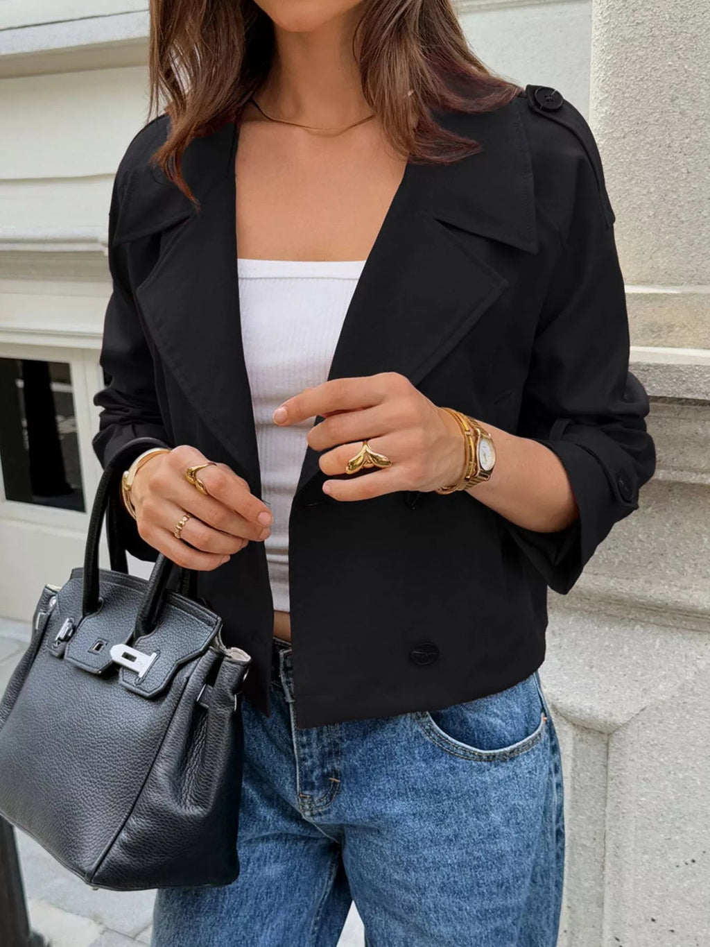 Cropped Double-Breasted Raglan Sleeve Jacket.