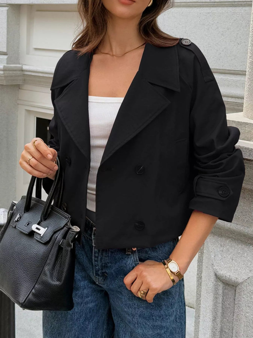 Cropped Double-Breasted Raglan Sleeve Jacket.