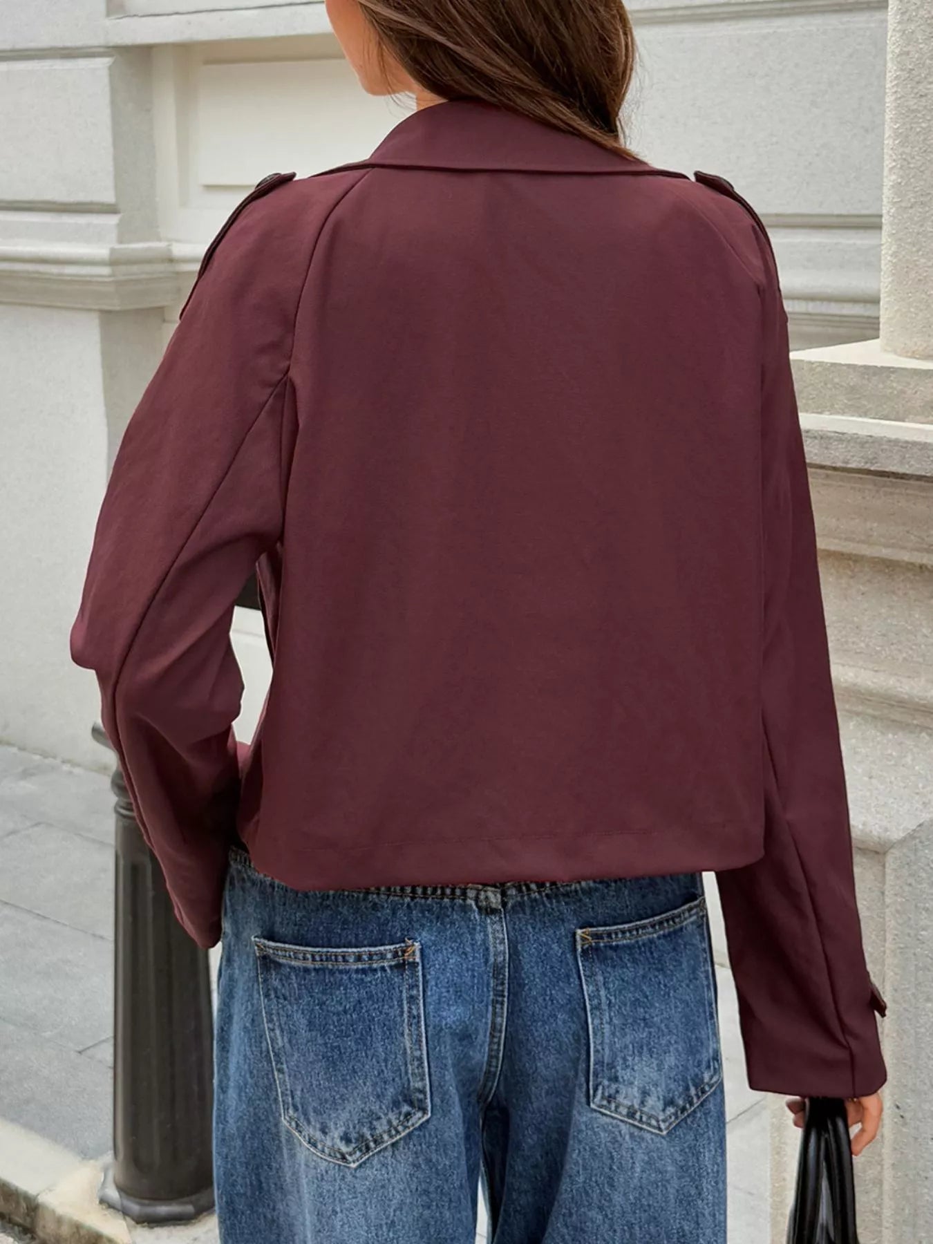 Cropped Double-Breasted Raglan Sleeve Jacket.