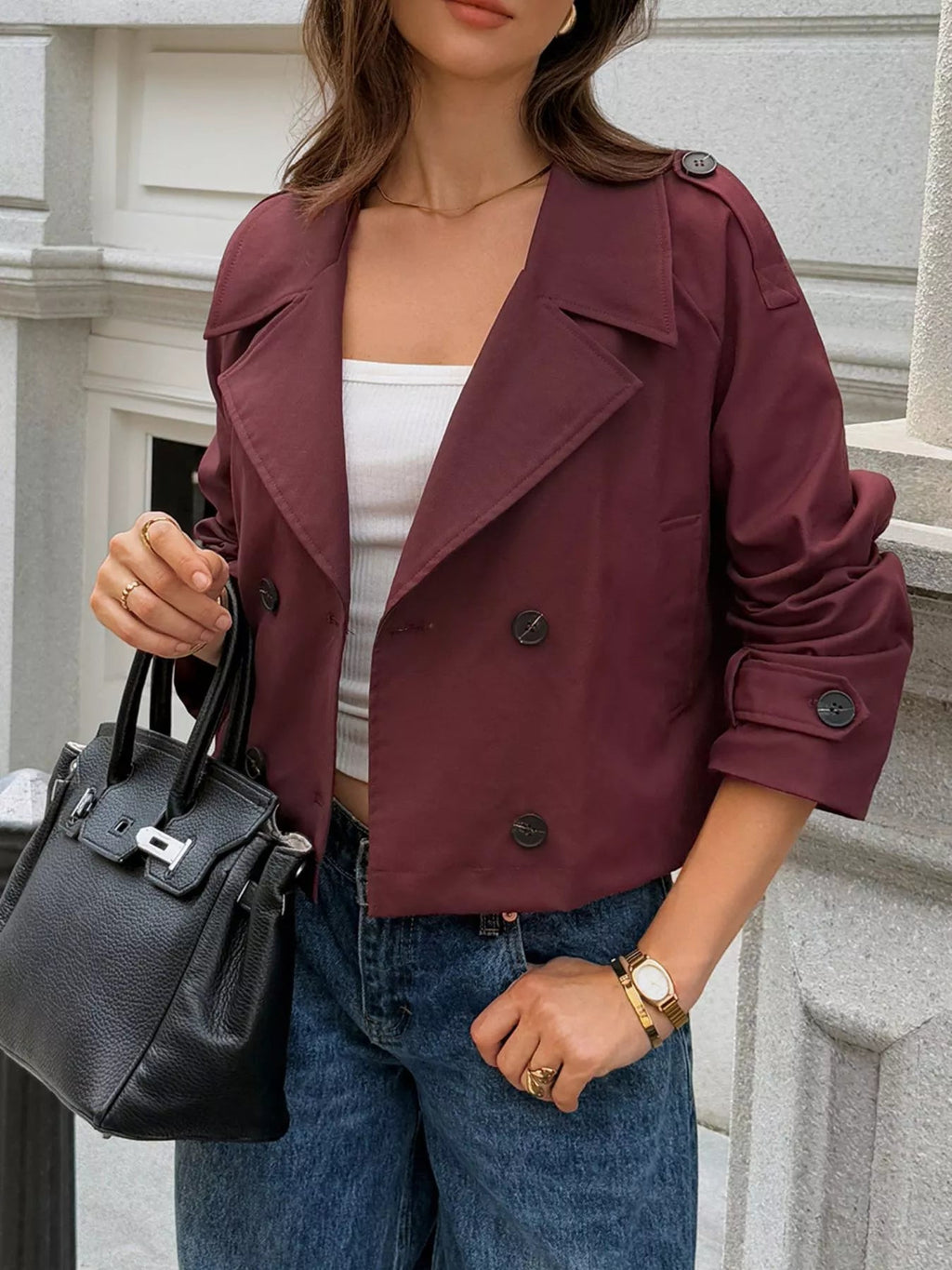 Cropped Double-Breasted Raglan Sleeve Jacket.