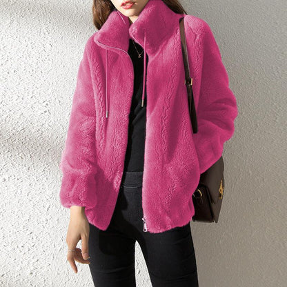 Double Faced Fleece Warm High Neck Sweater Women Cardigan.