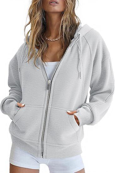 Fisoew Womens Zip Up Sweatshirts Fleece Lined Collar Crop Hoodie Casual Cotton Long Sleeve Tops With Thumb Hole.