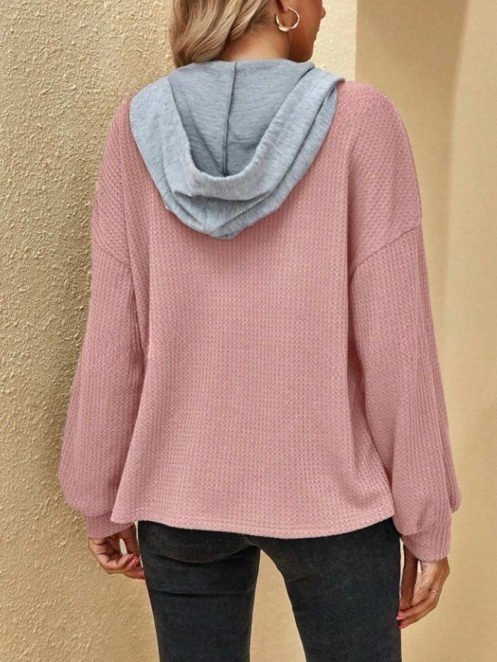 Drawstring Waffle Knit Hoodie.