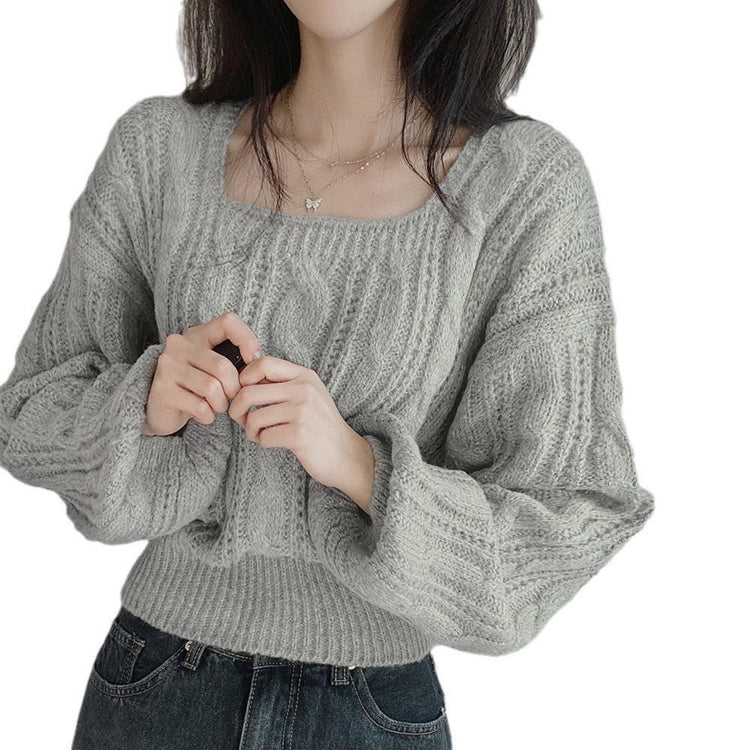 , Idle Style Solid Color Lantern Sleeve Square Collar Pullover Sweater.