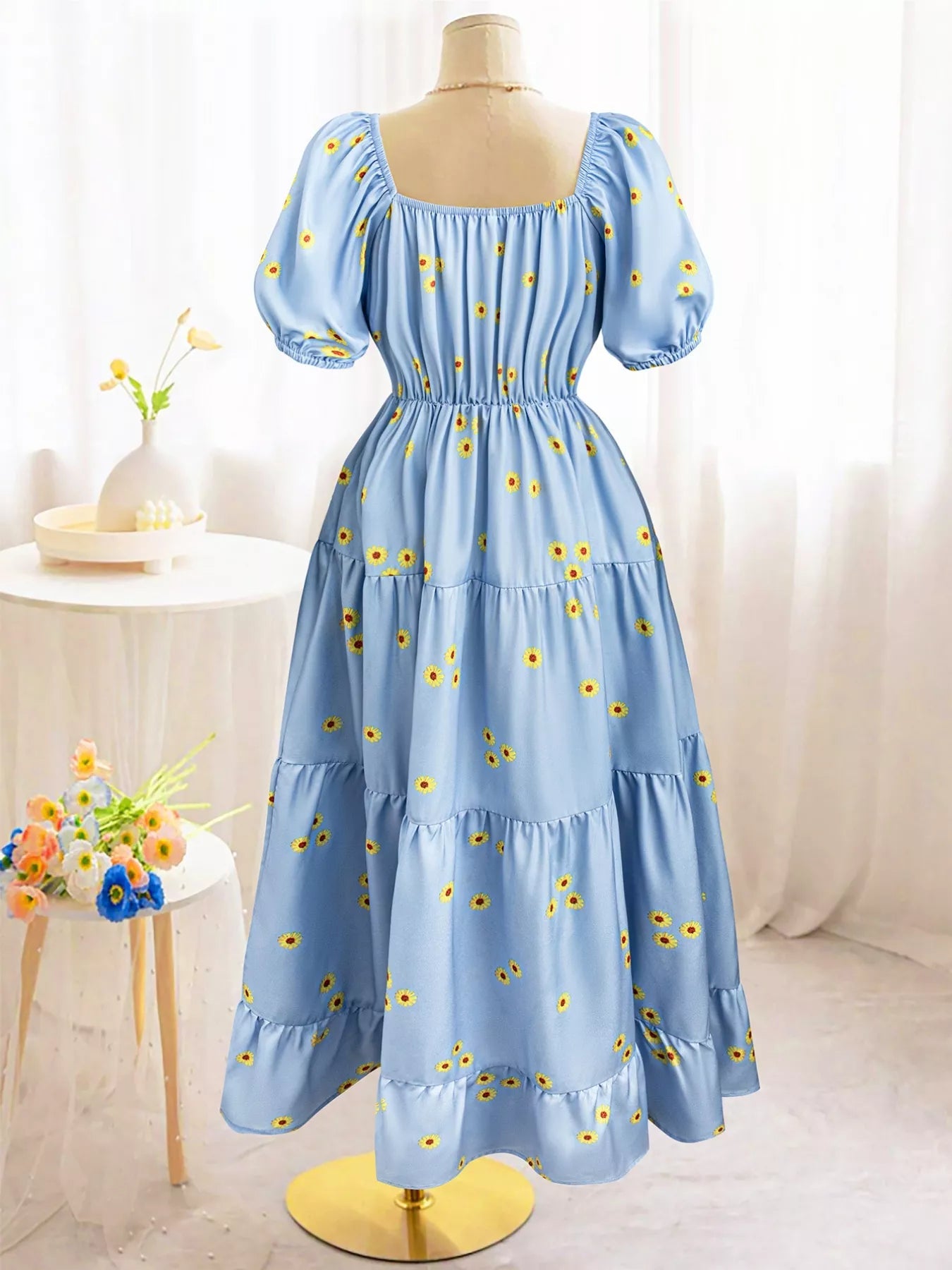 Daisy Print Puff Sleeve Tiered Maxi Dress.