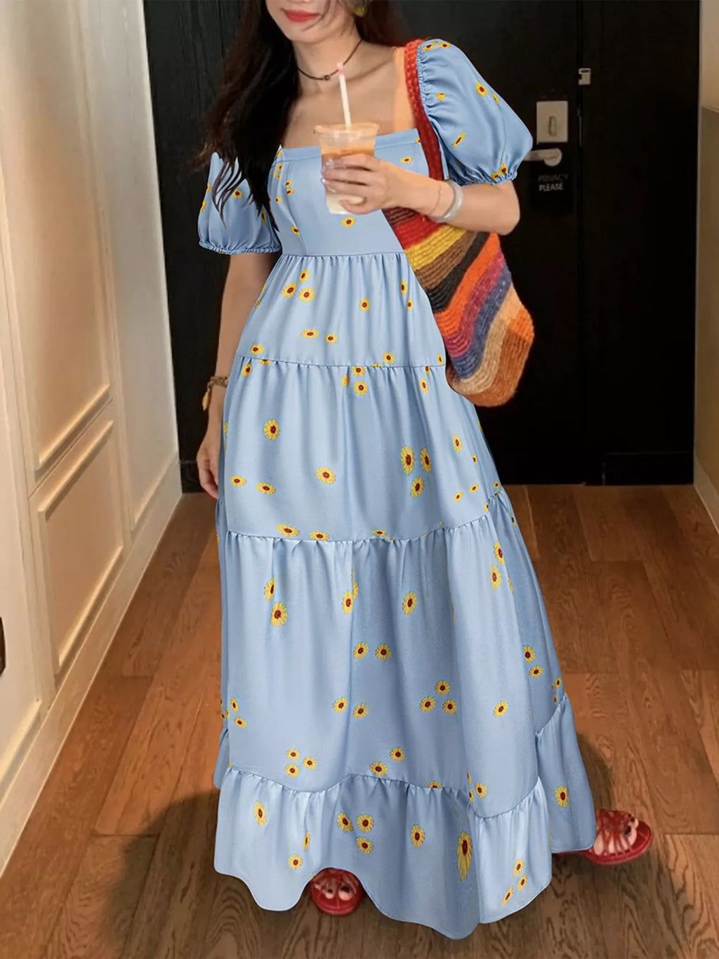 Daisy Print Puff Sleeve Tiered Maxi Dress.