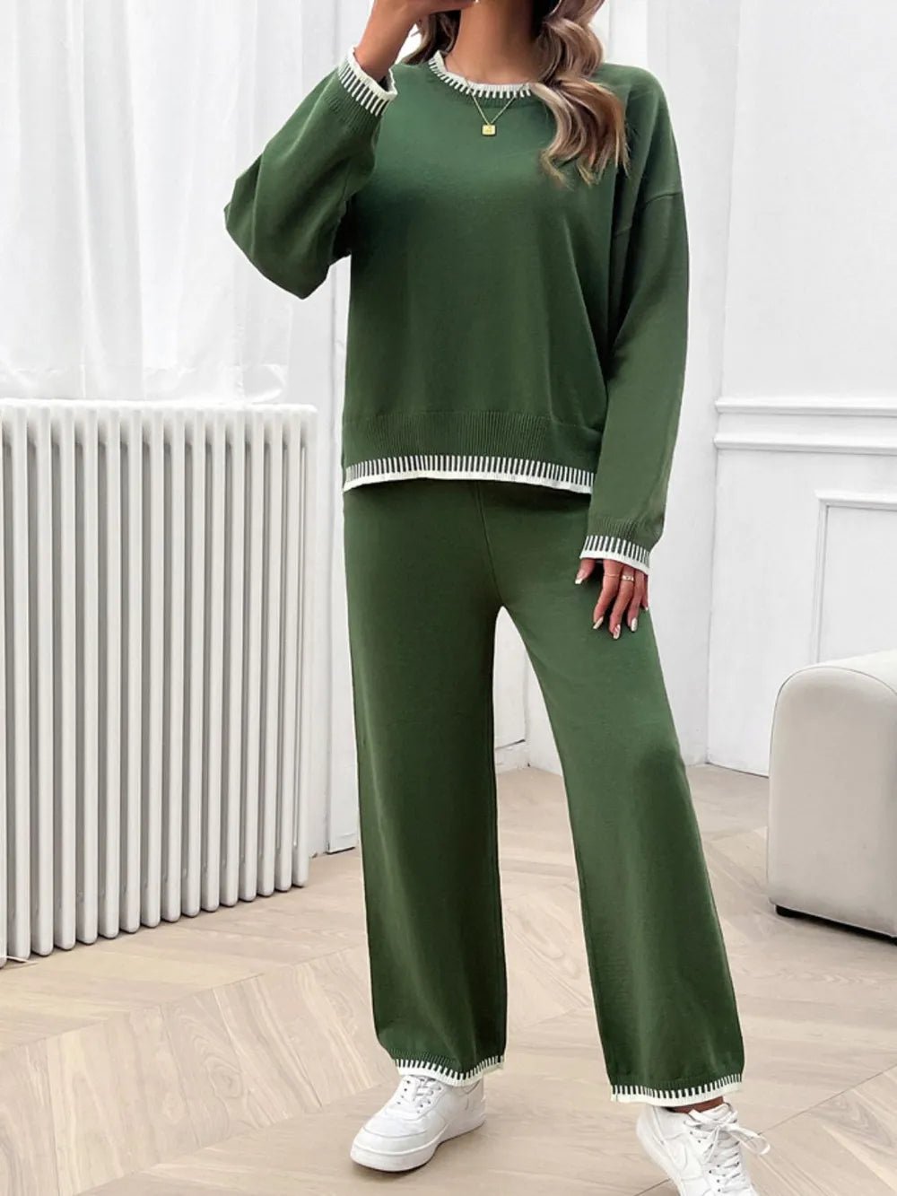Devine Round Neck Dropped Shoulder Top and Pants Sweater Set.