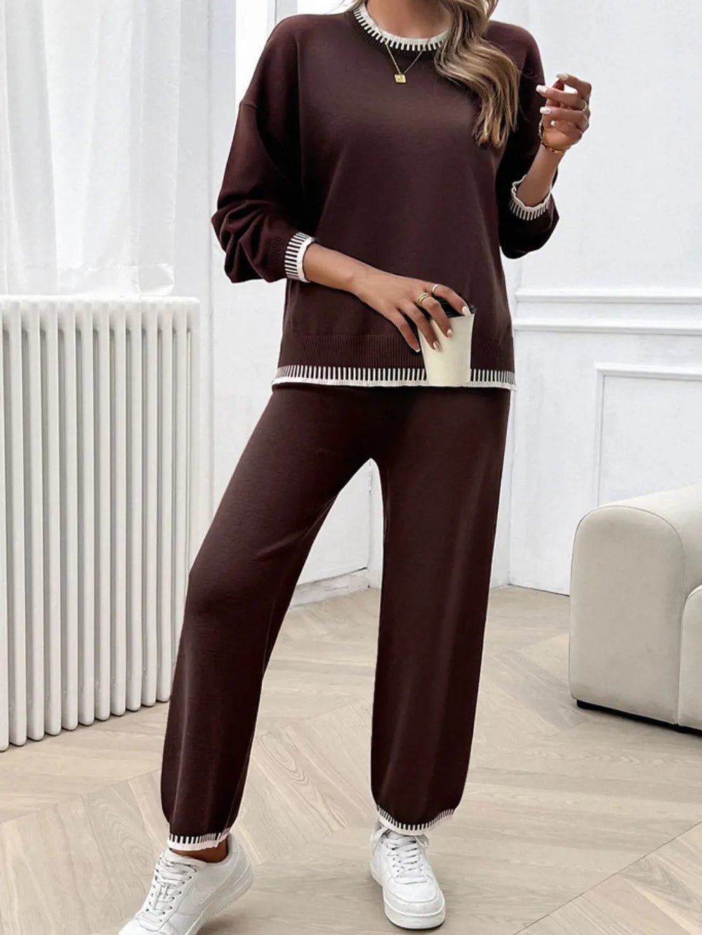 Devine Round Neck Dropped Shoulder Top and Pants Sweater Set.