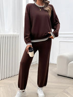 Devine Round Neck Dropped Shoulder Top and Pants Sweater Set.
