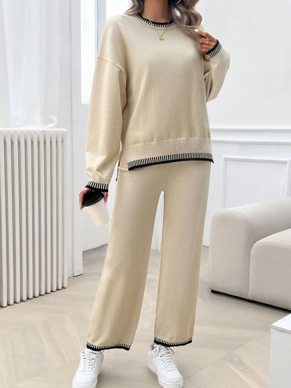 Devine Round Neck Dropped Shoulder Top and Pants Sweater Set.